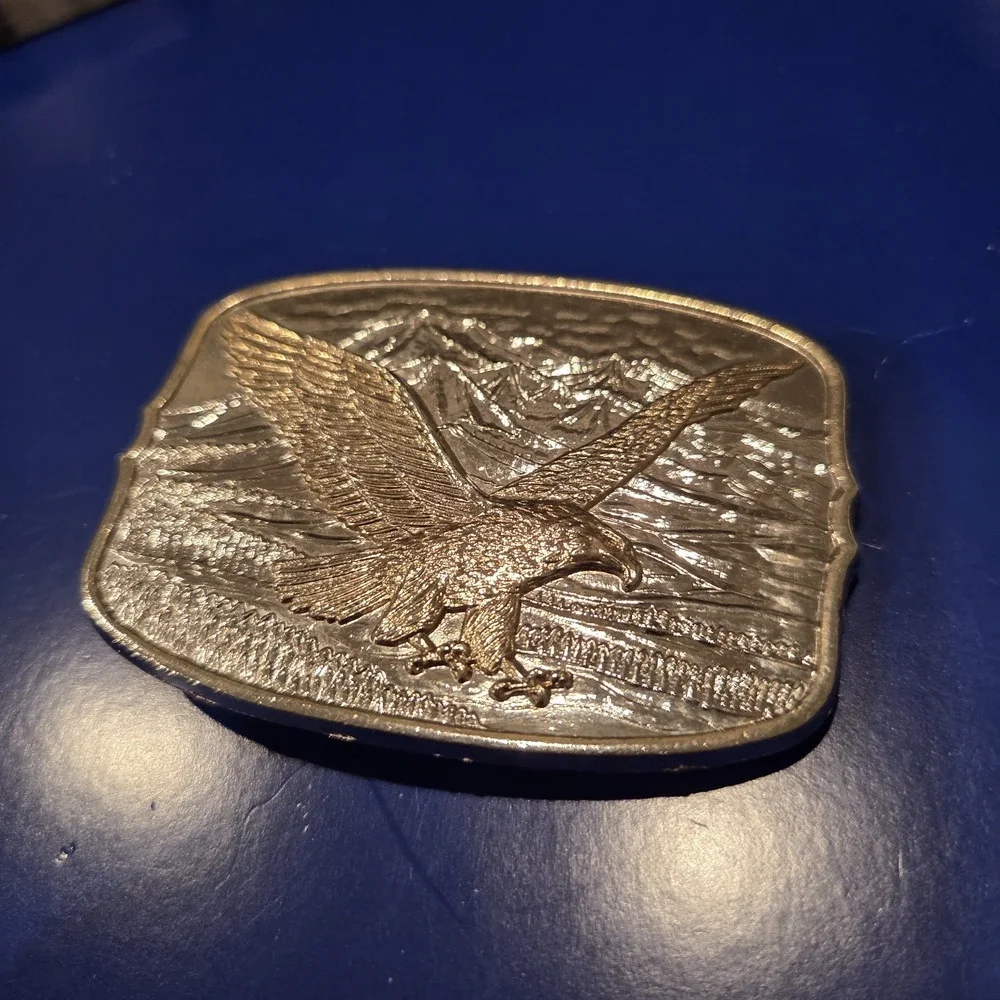 Soaring Eagle Mountain Scene Belt Buckle Brass Gold Tone Rectangular